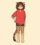 anthro bottomwear clothed clothed_anthro clothed_male clothing collar countershade_face countershading fur gloves_(marking) green_eyes hand_on_hip inner_ear_fluff leg_markings looking_at_viewer male markings shirt shorts socks_(marking) solo standing striped_body striped_fur stripes tail tongue tongue_out topwear tuft aricanruka ruka_(aricanruka) mammal 2025