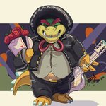 anthro bouquet claws clothing eyebrows eyes_closed facial_hair flower flower_bouquet grin guitar hat headgear headwear male mariachi mariachi_suit mexican musical_instrument plant plucked_string_instrument rose_(flower) smile solo sombrero string_instrument teeth thick_eyebrows yellow_body said_the_saisio mario_bros nintendo bowser koopa reptile scalie 1:1