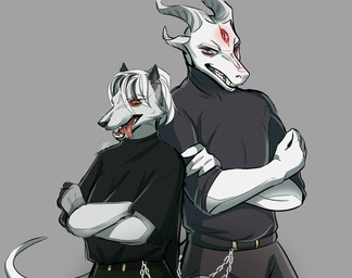 3_eyes anthro belt black_clothing black_nose bottomwear chain clothed clothing crossed_arms duo eye_contact fangs female fully_clothed green_eyes grey_eyes grin hair horn looking_at_another male multi_eye open_mouth pants red_eyes red_sclera shirt smile standing sweater t-shirt tail teeth tongue tongue_out topwear turtleneck whiskers white_body white_hair bloody_d mythology saren_(saren662) canid canine canis dragon mammal mythological_creature mythological_scalie scalie wolf hi_res