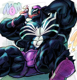 abs backwards_hat barazoku big_muscles big_pecs black_body bottomwear bulge calf_muscles clothed clothing detailed_bulge footwear hat headgear headwear huge_muscles huge_pecs huge_thighs long_tongue male manly muscular muscular_arms muscular_legs muscular_male muscular_thighs not_furry not_furry_focus obliques partially_clothed pecs pink_bottomwear pink_clothing pink_footwear pink_sandals pink_shorts sandals serratus sharp_teeth shoes shorts solo teeth thick_arms thick_thighs tongue its_coldpizza marvel venom_(marvel) alien alien_humanoid humanoid monster symbiote hi_res