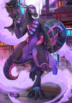 anthro bandolier biped black_body claws day detailed_background digitigrade female fingers front_view holding_object holding_weapon machine on_one_leg purple_body purple_smoke smoke smoke_grenade solo standing tail thick_tail thick_thighs weapon plive nintendo pokemon android generation_7_pokemon pokemon_(species) reptile robot salazzle scalie synth_(vader-san) 2022 absurd_res digital_media_(artwork) full-length_portrait hi_res portrait restricted_palette smaller_version_at_source