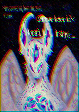 ambiguous_gender blue_eyes cosmic_background fluffy horn multi_eye star starry_background text white_body wings changelingcritter alien monster chromatic_aberration half-length_portrait portrait