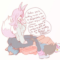 anthro big_butt blue_hair blush body_worship bottomwear breasts butt butt_sniffing butt_worship clothing dialogue dipstick_tail dominant dominant_female duo facesitting female female/female footwear hair heart_after_text heart_symbol holding_both_legs hoodie humiliation humiliation_fetish imminent_fart jacket laugh looking_down looking_down_at_partner lying markings medium_breasts on_back open_mouth open_smile pants pink_hair raised_tail red_eyes scent_play shirt shoes shorts simple_background sitting sitting_on_another smile smug sneakers sniffing speech_bubble submissive submissive_female tail tail_markings talking_to_another talking_to_partner teasing text tight_bottomwear tight_clothing tight_pants topwear white_background aweye-ff brand_new_animal studio_trigger michiru_kagemori nazuna_hiwatashi canid canine fox mammal raccoon_dog tanuki 1:1 2020 digital_drawing_(artwork) digital_media_(artwork) english_text hi_res