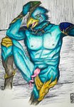 anatomically_correct anatomically_correct_genitalia anatomically_correct_penis anklet anthro anthrofied armor beak blue_body blue_feathers bodily_fluids book bracers feathers genitals green_eyes jewelry knee_pads male muscular muscular_male necklace nipples open_mouth penis saliva shoulder_pads solo spiral_penis tongue tongue_out unconvincing_armor yellow_beak quizaro warhammer_(franchise) warhammer_40000 tzeentch avian bird chaos_daemon daemon_of_tzeentch lord_of_change mammal absurd_res hi_res traditional_media_(artwork)