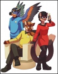 anthro black_border black_hair blue_eyes border brown_body brown_fur brown_hair brown_nose clothed clothing female fur group hair long_tail male pink_nose simple_background tail aycee star_trek star_trek_the_original_series james_t._kirk spock uhura avian canid canine felid mammal 2013