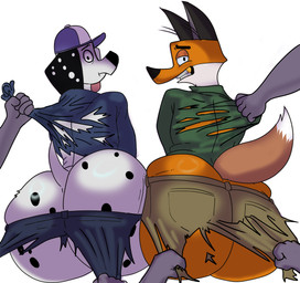 anthro big_butt bottomwear butt cargo_shorts clothing denim denim_bottomwear denim_clothing dipstick_tail duo gold_(metal) gold_tooth huge_butt jeans male male/male markings pants shorts tail tail_markings tight_clothing torn_clothing wide_hips binkykun 101_dalmatian_street 101_dalmatians disney anon dylan_(101_dalmatians) fergus_(101_dalmatians) canid canine canis dalmatian domestic_dog fox human mammal absurd_res hi_res