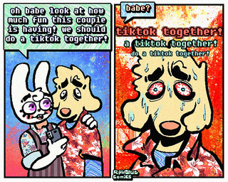 2_panel_comic aloha_shirt anthro bloodshot_eyes bodily_fluids bow_tie cheek_spots clothing dialogue duo floppy_ears fur humor male open_mouth open_smile overalls pattern_clothing pattern_shirt pattern_topwear shirt smile speech_bubble sweat sweatdrop sweating_profusely teeth text thousand_yard_stare toony tooth_gap topwear white_body white_fur wide_eyed yellow_body yellow_fur rawdawgcomics bingus_(rawdawgcomics) stahli_(rawdawgcomics) bird_dog canid canine canis domestic_dog golden_retriever hunting_dog lagomorph leporid mammal rabbit retriever 5:4 comic english_text