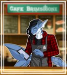 alchemical_symbol apron beverage clothed clothing coffee glaring left-handed looking_at_viewer solo sulfur_symbol symbol tablet tablet_computer tablet_pen text doodlelu1992 kruddthedragonboy fish marine shark artist_name hi_res