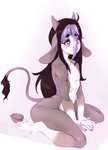 anthro black_hair femboy hair heart_eyes heart_symbol long_hair male multicolored_hair nude purple_hair simple_background sitting solo two_tone_hair white_background evkenn bovid bovine mammal hi_res