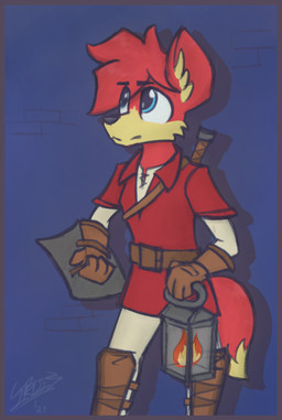 anthro border fur lamp lantern male purple_border red_body red_fur shield simple_background solo irdestheone nintendo the_legend_of_zelda canid canine mammal