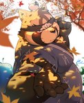 accessory anthro asian_clothing autumn autumn_leaves belly blush brown_body brown_fur clothing east_asian_clothing embarrassed falling_leaves fur headband japanese_clothing kimono leaf looking_at_viewer male offering_hand overweight plant tree elczkgqnkfbbne6 kisort lifewonders live_a_hero shoen canid canine mammal raccoon_dog tanuki 2022 hi_res