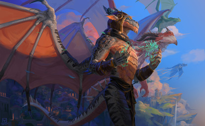 blue_eyes claws hood magic male membrane_(anatomy) membranous_wings outside sky solo standing tail wings neungsonie blizzard_entertainment european_mythology mythology warcraft dracthyr dragon mythological_creature mythological_scalie scalie western_dragon absurd_res hi_res