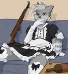 5_fingers alcohol anthro beverage black_eyes bottle bottle_cap bow_tie cigarette clothed clothing container covering covering_mouth covering_own_mouth covering_self crossdressing femboy fingers fur furniture gloves grey_body grey_fur gun hair handwear holding_bottle holding_container holding_object legwear maid_uniform male ranged_weapon rifle short_hair sitting sks smoke smoking sofa solo spilled_drink stockings table tired uniform wall_(structure) weapon white_clothing white_gloves white_handwear zymaani canid canine canis mammal wolf 2023 digital_media_(artwork) flat_colors hi_res