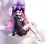 anthro black_clothing bottomwear clothing eyewear fur glasses hair heart_symbol hoodie looking_at_viewer male multicolored_body multicolored_fur purple_body purple_eyes purple_fur purple_hair relaxing shorts sitting smile solo topwear white_body white_fur deraniel thistle_(thistlebunny) lagomorph leporid mammal rabbit