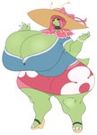 big_breasts bottomwear breasts cleavage clothed clothing female generation_2_pokemon gomibin_art hat headgear headwear hi_res huge_breasts hyper hyper_breasts meganium nintendo pokemon pokemon_(species) simple_background skirt solo thick_thighs white_background