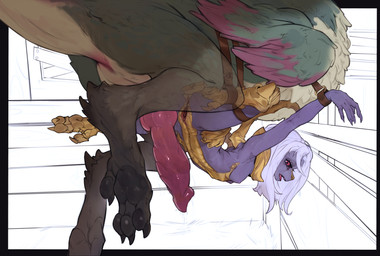 anthro arms_tied barn bdsm belly_riding bondage bound breasts claws cuff_(restraint) female feral genitals imminent_sex it'll_never_fit knot knotted_penis legs_tied male penis red_eyes restraints ridged_knotted_penis ridged_penis small_breasts vulva anonymous_artist capcom final_fantasy final_fantasy_xiv monster_hunter mythology square_enix nael_deus_darnus bird_wyvern dragon mythological_creature mythological_scalie scalie seikret absurd_res hi_res