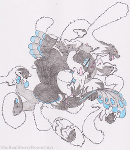 ambiguous_penetration arm_feathers blue_claws blue_eyes blue_eyeshadow claws cross-popping_vein eyeshadow feathers fellatio female feral gangbang genitals group group_sex head_feathers heart_symbol larger_female larger_penetrated lying lying_on_ground makeup male male/female on_back on_ground on_side oral oral_penetration orange_eyes penetration penile penile_penetration penis penis_in_mouth penis_on_face pupils questionable_consent resting sex sickle_claw size_difference sleeping slit_pupils smaller_female tail tail_feathers tail_hugging teeth toe_claws tongue tongue_out therealmessyroomguy1 capcom monster_hunter lumina_(therealmessyroomguy1) dinosaur dromaeosaurid fanged_wyvern feathered_dinosaur feathered_scalie prehistoric_species reptile saurischian scalie theropod wulg 2026 absurd_res hi_res traditional_media_(artwork)