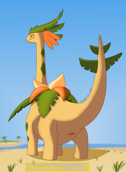 animal_genitalia beach cloaca eyelashes female feral flower_on_body genitals leaf long_neck looking_at_viewer mouth_closed multicolored_body plant quadruped smile solo tail tapering_tail white_sclera bluemeganium palworld pocketpair braloha_(pal) dinosaur prehistoric_species reptile scalie absurd_res hi_res