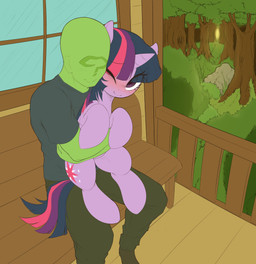 bald blue_mane blue_tail blush cutie_mark detailed_background duo eyelashes female feral fluffy fluffy_tail forest fur green_body green_skin hooves horn hug hugging_another hugging_from_behind interspecies long_mane long_tail male male/female mane multicolored_mane multicolored_tail one_eye_closed outside pink_mane pink_tail plant purple_body purple_eyes purple_fur purple_mane purple_tail sitting smile tail tree unicorn_horn ather_os friendship_is_magic hasbro my_little_pony mythology anon twilight_sparkle_(mlp) equid equine human mammal mythological_creature mythological_equine unicorn 2026 absurd_res digital_drawing_(artwork) digital_media_(artwork) hi_res