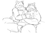 anthro belly duo hug humanoid_hands kemono male male/male navel overweight overweight_male simple_background sitting sumo white_background oogamikennta canid canine mammal suid suine sus_(pig) wild_boar 2012 4:3 monochrome