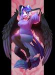 anthro big_breasts blue_hair breasts clothed clothing female hair hooves horn humanoid_hands purple_eyes sky smile solo wings artyfoxter bovid bovine cattle mammal 2018 absurd_res digital_media_(artwork) hi_res