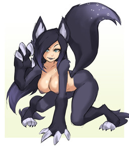 4_fingers 4_toes areola big_breasts black_body black_fur black_hair breasts butt claws feet female fingers fur grey_body grey_skin hair long_hair looking_at_viewer nipples nude simple_background smile solo toes borvar animal_humanoid canid canid_humanoid canine canine_humanoid fox_humanoid humanoid mammal mammal_humanoid 2018 character_request digital_media_(artwork) hi_res
