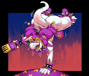 ankle_band anklet anthro balancing_on_ball big_bulge big_butt bracelet bulge butt clothing electronics femboy fingerless_gloves fool's_hat gloves handstand handstanding handwear hat headgear headwear jewelry legband male markings microphone one_eye_closed purple_clothing purple_speedo purple_swimwear red_eyes scales sharp_teeth solo speedo spiked_anklet spiked_bracelet spiked_legband spikes spots spotted_body spotted_scales swimwear teeth thick_thighs white_body white_scales wide_hipped_anthro wide_hipped_male wide_hips wink yellow_sclera pan.hyper.wang kings_of_hell superbia_(kings_of_hell) imp kobold scalie hi_res
