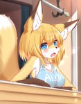 2021 anthro big_breasts black_nose blonde_hair blue_eyes blue_pupils blurred_background blush bodily_fluids breasts brown_body brown_ears brown_fur canid canine cheek_tuft chest_tuft cleavage clothed clothing countershade_face countershade_fur countershade_neck countershade_torso countershading cute_fangs detailed_background digital_drawing_(artwork) digital_media_(artwork) dipstick_ears dipstick_tail ear_markings embarrassed eyebrow_through_hair eyebrows eyelashes facial_tuft female female_anthro fluffy fox fox_next_door_(horokusa) fur glistening glistening_eyes glistening_hair gloves_(marking) hair half-length_portrait hawaiian_text hi_res horokusa0519 inner_ear_fluff inside kemono mammal markings multicolored_body multicolored_ears multicolored_fur multicolored_tail neck_tuft open_mouth portrait pupils red_tongue shaded shirt solo sweat sweatdrop tail tail_markings tank_top text text_on_clothing text_on_shirt text_on_tank_top text_on_topwear tongue topwear translated_description translucent translucent_hair tuft two_tone_tail white_body white_countershading white_fur white_inner_ear white_inner_ear_fluff white_tail yellow_body yellow_ears yellow_fur yellow_tail