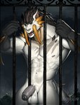 abs anthro balls bars black_body black_glans black_sclera fangs flaccid foreskin genitals glans grey_penis humanoid_genitalia humanoid_penis imprisoned imprisonment looking_at_viewer male multicolored_body muscular muscular_anthro muscular_male night nipples orange_body outside partially_retracted_foreskin pecs penis prison_bars solo teeth white_balls white_body yellow_eyes deaddragonp capcom monster_hunter barioth flying_wyvern 2022 hi_res