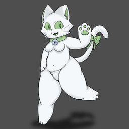 accessory anthro bell bell_collar bow_(feature) bow_ribbon breasts collar featureless_breasts featureless_crotch female fur furgonomics gesture green_body green_bow green_collar green_ears green_eyes green_fur green_nose green_pawpads green_sclera green_tail green_tongue grey_background hand_on_hip looking_at_viewer navel pawpads pose ribbons sharp_teeth simple_background solo tail tail_accessory tail_bow tail_ribbon teeth tongue waving whiskers nekoni matcha_(mewlkat) domestic_cat felid feline felis mammal 1:1 2023 absurd_res digital_media_(artwork) hi_res