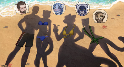 beach beard bikini black_body black_bottomwear black_clothing black_fur black_shorts blue_bikini blue_body blue_clothing blue_eyes blue_fur blue_hair blue_spots blue_swimwear blush bottomwear brown_hair clothing cunnilingus_gesture cutaway detailed_background eyebrows facial_hair female fur gesture green_bikini green_clothing green_eyes green_swimwear grey_body grey_eyes grey_fur grey_hair group hair implied_nudity inner_ear_fluff leopard_spots looking_aside male offscreen_character one_eye_closed open_mouth open_smile raised_eyebrow sand sea shadow shorts silhouette smile spots suggestive suggestive_gesture swimwear tan_body tan_fur tuft two-piece_swimsuit water white_body white_fur white_hair yellow_bikini_top yellow_eyes nimari dressed_shadow microsoft the_elder_scrolls chakat_obsidian_(maks_hunt) kira_(maks_hunt) m'ria_(maks_hunt) maks_(maks_hunt) ambient_sealife ambient_starfish chakat cougar felid felid_taur feline human khajiit mammal mammal_taur pantherine snow_leopard taur 2026 digital_drawing_(artwork) digital_media_(artwork) hi_res signature story_at_source herm_(lore)