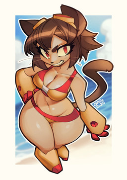 breasts brown_body brown_hair clothing female grin hair looking_at_viewer medium_breasts smile solo swimwear tail thick_thighs wide_hips gofa gameoverse glitch_productions kit_bodega domestic_cat felid feline felis mammal absurd_res full-length_portrait hi_res portrait