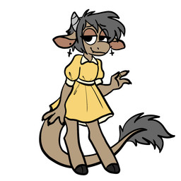 anthro big_tail biped brown_body brown_fur claws clothed clothing digit_ring dress female flat_chested fur grey_hair grey_horn grey_tail_tuft hair half-closed_eyes hooves horn jewelry lidded_eyes narrowed_eyes ring short_hair simple_background smile solo tail tail_tuft teeth tuft wedding_ring white_background yellow_clothing yellow_dress manitka manitka_storm bovid bovine cattle mammal 1:1 2025 digital_media_(artwork) hi_res