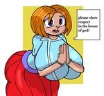 anthro big_breasts big_butt blue_clothing blue_topwear bottomwear bracelet breasts brown_hair butt clothed clothing dialogue female hair huge_breasts jewelry long_skirt looking_at_viewer open_mouth orange_hair pale_skin pearl_bracelet pink_nose pleated_skirt praying purple_eyes red_bottomwear red_clothing red_skirt simple_background skirt solo speech_bubble tan_body tan_skin text thick_thighs tongue topwear white_background wide_hips worried yellow_background dezmine21 tails_gets_trolled alice_(tails_gets_trolled) lagomorph leporid mammal rabbit digital_drawing_(artwork) digital_media_(artwork) english_text hi_res