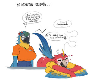 after_sex angry anthro bent_over big_breasts blush bodily_fluids breasts butt cross-popping_vein cum cum_on_butt dialogue duo female genital_fluids green_eyes heart_symbol speech_bubble text sungerart diana_(sungerart) ara_(genus) avian bird macaw neotropical_parrot parrot scarlet_macaw true_parrot spanish_text