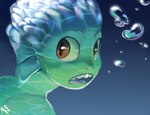 brown_eyes bubble fin freckles green_body green_skin male ripple_lighting sharp_teeth solo teeth underwater water yellow_sclera young ionettam disney luca_(pixar) pixar luca_paguro marine sea_monster hi_res