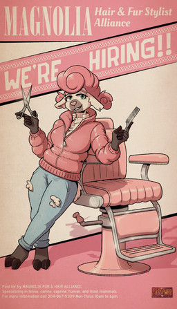5_fingers advertisement anthro barber barber_chair barefoot black_hooves blue_bottomwear blue_clothing blue_jeans blue_pants bottomwear breasts brush chair cleavage clothed clothing cloven_hooves comb_(brush) crossed_legs cuffed_jeans denim denim_bottomwear denim_clothing ear_piercing ear_ring eyebrows eyelashes feet female female_anthro fingers fur furniture green_eyes grey_body grey_fur hair hairbrush heart_nose heart_symbol holding_brush holding_comb holding_hairbrush holding_object holding_scissors hooved_fingers hooves jacket jeans leaning leaning_on_object leaning_sideways logo long_sleeves medium_breasts multicolored_body multicolored_fur pants piercing pink_clothing pink_eyebrows pink_hair pink_jacket pink_nose pink_topwear pockets pompadour poster pupils ring_piercing scissors short_hair short_tail smile snout solo tail teeth text topwear torn_bottomwear torn_clothing torn_jeans torn_pants two_tone_body two_tone_fur white_body white_ears white_fur white_tail white_text wool_(fur) zipper posspowered bovid caprine domestic_sheep mammal sheep 2025 artist_logo english_text hi_res