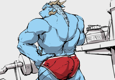2_horns anthro athletic_wear back_muscles barbell blue_body blue_scales bottomwear claws clothing container eyebrows facial_scales facial_spikes finger_claws gym_bottomwear gym_shorts hand_on_hip horn jar male muscular muscular_anthro muscular_male protein_powder red_bottomwear red_clothing red_gym_shorts red_shorts scale_eyebrows scales shelf shorts solo spikes spikes_(anatomy) standing tail weight_bench weights saberzelgrath mythology rhougous_hiroki dragon mythological_creature mythological_scalie scalie 2018