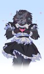 anthro black_body black_fur black_pawpads black_sclera blue_eyes clothed clothing crossdressing fur heart_symbol maid_uniform male muscular muscular_anthro muscular_male pawpads solo uniform famir canid canine canis mammal wolf absurd_res hi_res