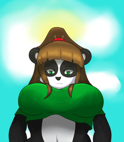 anthro big_breasts black_body black_fur breasts brown_hair clothed clothing cloud female fur green_clothing green_eyes green_shirt green_topwear hair multicolored_body multicolored_fur outside ponytail shirt sky solo sun topwear white_body white_fur notwelcomereborn bear giant_panda mammal absurd_res hi_res