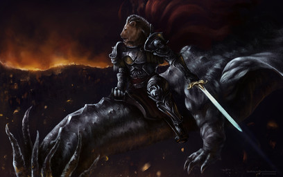 ambiguous_feral ambiguous_gender anthro armor clothed clothing duo feral holding_melee_weapon holding_object holding_sword holding_weapon larger_feral male male_anthro melee_weapon mount mount/rider_relations mouth_closed orange_body riding saddle size_difference smaller_anthro smaller_male sword weapon satanic_monkey mythology dragon felid lion mammal mythological_creature mythological_scalie pantherine scalie