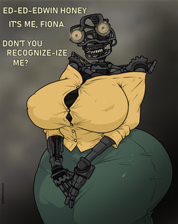 ambiguous_gender big_breasts big_butt bottomwear breasts bulging_breasts butt button_(fastener) clothed clothes_stretching clothing collared_shirt dialogue dress_shirt endoskeleton erect_nipples exposed_endoskeleton exposed_wires female fingers fully_clothed glitch green_bottomwear green_clothing green_skirt hands_on_crotch looking_at_viewer machine mimicking mimicry nipple_outline nipples nipples_visible_through_clothing not_furry shirt shoulderless_shirt simple_background skirt solo stretched_clothing stuttering talking_to_viewer teeth text topwear wire yellow_clothing yellow_shirt yellow_topwear methados five_nights_at_freddy's five_nights_at_freddy's:_secret_of_the_mimic five_nights_at_freddy's:_security_breach scottgames steel_wool_studios the_mimic_(fnaf) animatronic humanoid robot 2025 absurd_res digital_media_(artwork) english_text hi_res