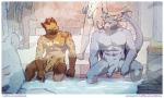 anthro balls bath bathhouse bathing bodily_fluids casual_nudity circumcised duo_focus eye_contact flaccid foreskin fur genitals group half-erect horn hot_spring humanoid_genitalia humanoid_penis looking_at_another male male/male nude penis social_nudity sweat tail text water artdecade yazan_argo ankylosaurian ankylosaurid ankylosaurus bear dinosaur hyena mammal ornithischian prehistoric_species reptile scalie spotted_hyena thyreophoran 2010 url