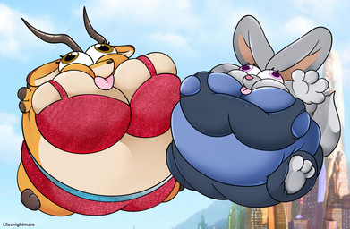 anthro belly belly_expansion belly_inflation big_belly big_breasts big_eyes blue_clothing body_inflation breast_expansion breasts brown_eyes bulging_eyes clothing duo expansion eye_expansion female female/female floating grey_body horn huge_belly huge_breasts huge_eyes hyper hyper_belly hyper_breasts hyper_eyes immobile inflation pink_eyes red_clothing sparkles sparkling_clothing tan_body tongue tongue_out uber_inflation moonlightbell disney zootopia gazelle_(zootopia) judy_hopps antelope bovid gazelle lagomorph leporid mammal rabbit 2021 digital_drawing_(artwork) digital_media_(artwork) shaded
