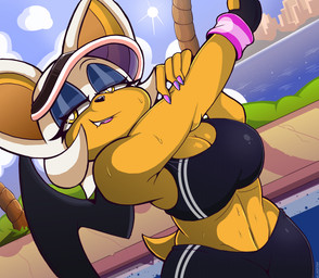 anthro bat_wings big_breasts bite biting_lip black_nose bodily_fluids bottomwear bra breasts city cityscape cleavage clothed clothing cloud colored_nails detailed_background eyelashes eyeshadow fangs female fingerless_gloves gloves green_eyes hair half-closed_eyes handwear hat headgear headwear legs_together lipstick looking_at_viewer makeup membrane_(anatomy) membranous_wings midriff nails narrowed_eyes outside palm_tree pants plant short_hair shrub sky smile solo sports_bra standing stretching sun sweat teeth text tree underwear visor_cap water white_hair wings wristband lordfink sega sonic_the_hedgehog_(series) rouge_the_bat bat mammal 2023 artist_name hi_res