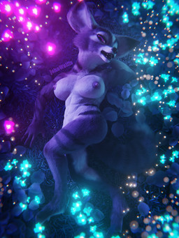 abs anthro areola athletic athletic_anthro athletic_female big_breasts breasts countershading fantasy female female_anthro flower fur hand_behind_head looking_at_viewer lying nipples nude nude_anthro nude_female on_back open_mouth outside plant pose purple_areola purple_body purple_eyes purple_fur purple_nipples solo striped_body striped_fur stripes teeth johnwulffe blizzard_entertainment warcraft vilna_(johnwulffe) canid canine fox mammal true_fox vulpera 3:4 3d_(artwork) digital_media_(artwork) pinup