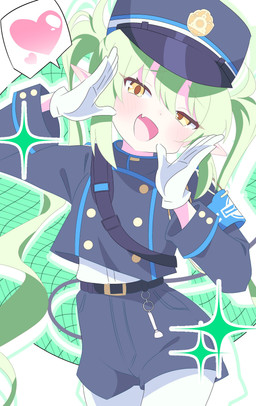 blue_bottomwear blue_clothing blue_hat blue_headwear blue_shorts blush bottomwear clothing cute_fangs fangs female female_humanoid gloves green_hair hair handwear hat headgear headwear heart_symbol legwear long_hair open_mouth pantyhose pointy_ears prick_ears shirt shorts solo sparkles tail teeth topwear white_clothing white_gloves white_handwear white_legwear white_pantyhose white_shirt white_topwear yellow_eyes young young_female young_humanoid nekomaru963 blue_archive nexon nozomi_(blue_archive) demon demon_humanoid humanoid tailed_humanoid absurd_res hi_res