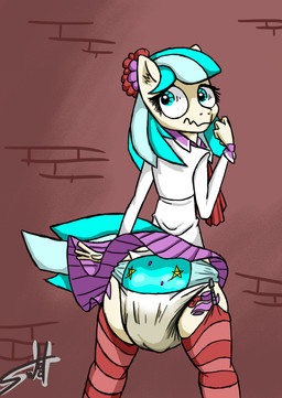 accessory anthro anthrofied blue_eyes clothed clothing cutie_mark diaper embarrassed feces female flower flower_in_hair hair hair_accessory legwear multicolored_hair plant red_clothing red_legwear red_stockings soiled_diaper soiling solo stockings two_tone_hair unclean_diaper upskirt used_diaper worried swootydoo friendship_is_magic hasbro my_little_pony coco_pommel_(mlp) equid equine horse mammal 2015 hi_res