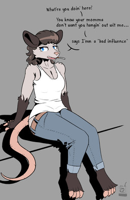 4_toes anthro barefoot belt blue_eyes bottomwear cigarette claws clothed clothing denim denim_bottomwear denim_clothing feet female fully_clothed jeans pants paws pink_nose pink_tail solo tail text toe_claws toes posspowered bonnie_vale_(posspowered) american_opossum mammal marsupial virginia_opossum english_text hi_res