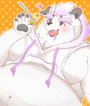 anthro belly big_belly blush bodily_fluids drooling food grey_body heart_symbol humanoid_hands kemono male moobs nipples obese obese_male overweight overweight_male saliva solo ayata one_oneyyy lifewonders tokyo_afterschool_summoners behemoth_(tas) 2022 absurd_res hi_res